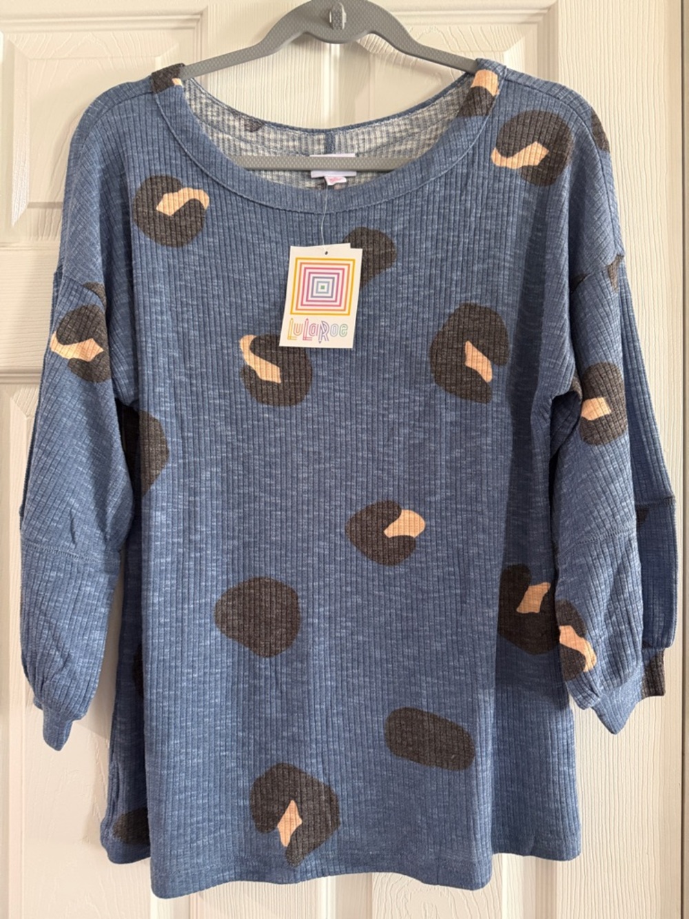 LuLaRoe Blue Ribbed Knit Top with Brown and Cream Spot Pattern